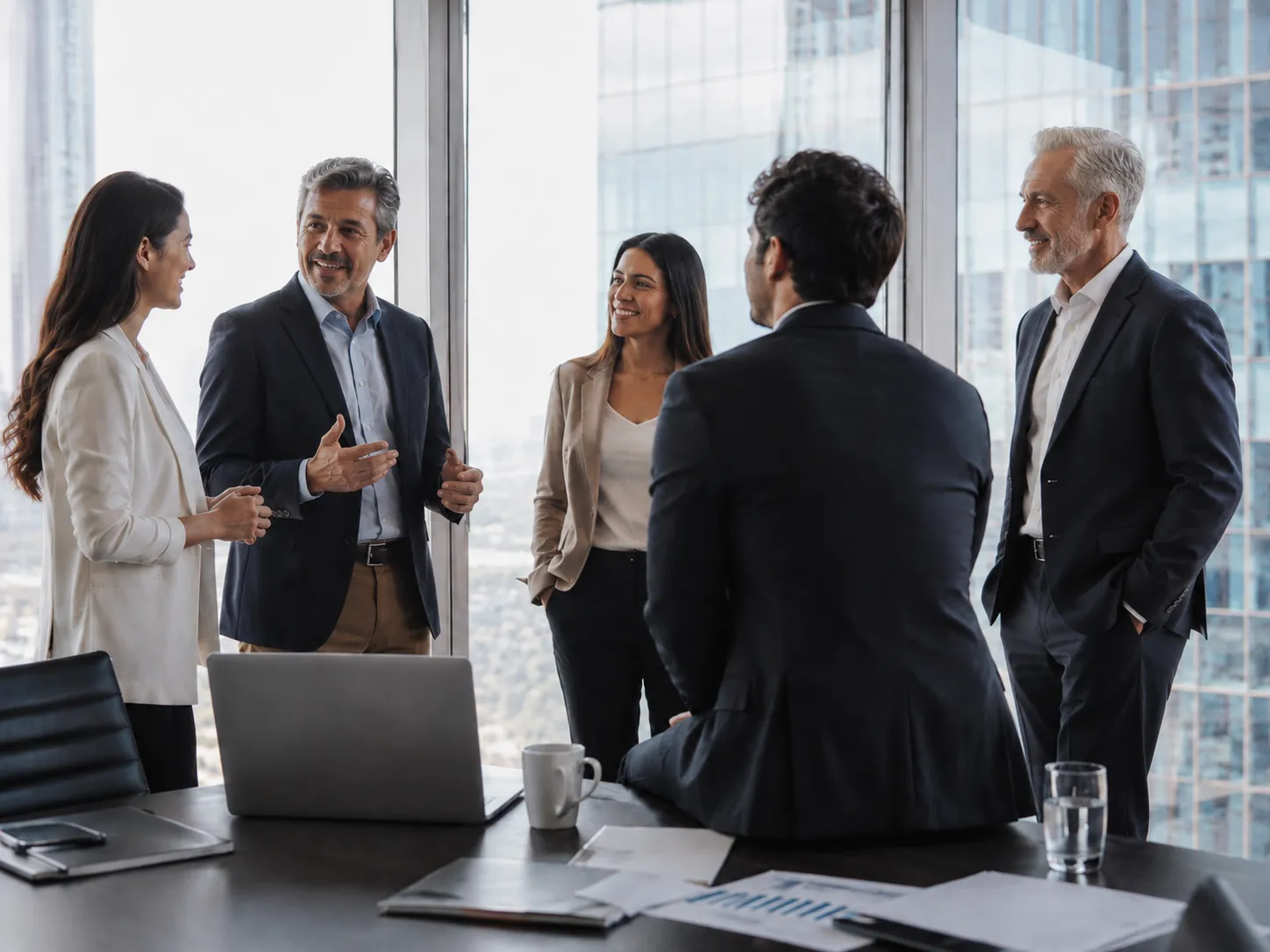 Equipo intergeneracional reunido en una sala de trabajo